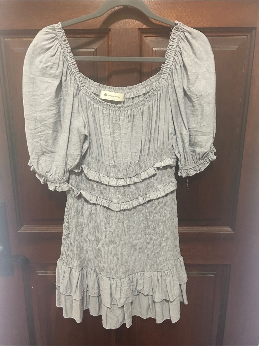 The Impeccable Pig Light Gray Ruffled Puff-Sleeve Mini Dress